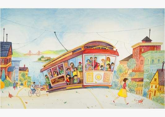 Double Happiness - San Francisco Trolly Ride Watercolor Art