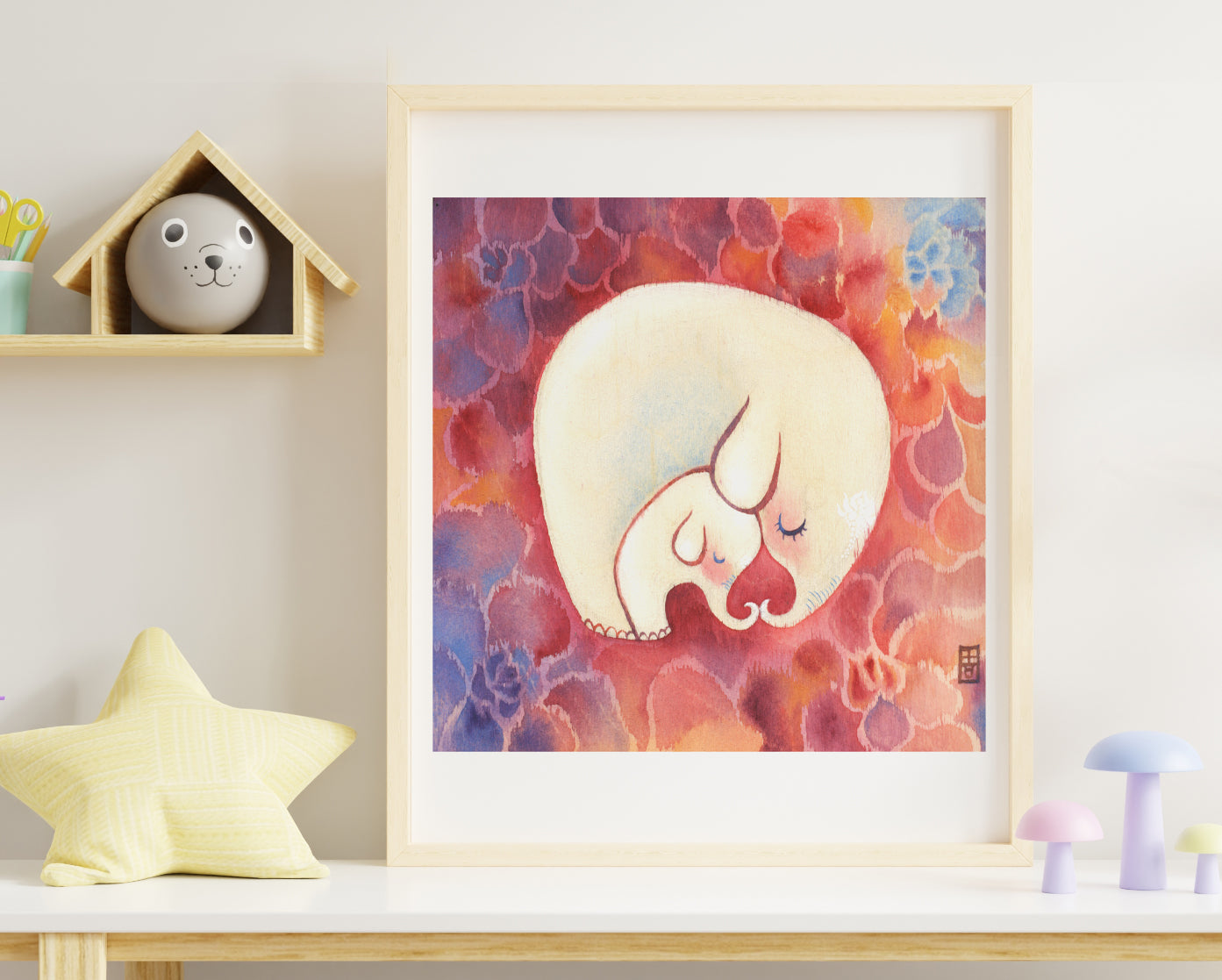 Mother and Baby Elephants with Floral Decoration Art