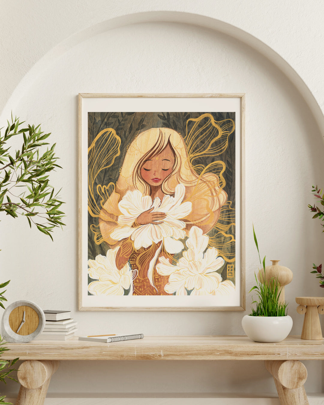 Enchanting painting of A Girl with White Peonies