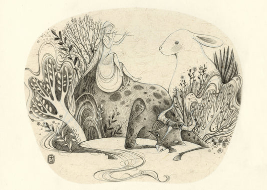 A Girl, Water Buffalo, and Rabbit Fantasy Art