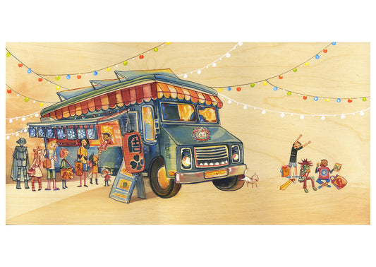 Cute Food Truck and Cosplayers Watercolor on Wood Painting