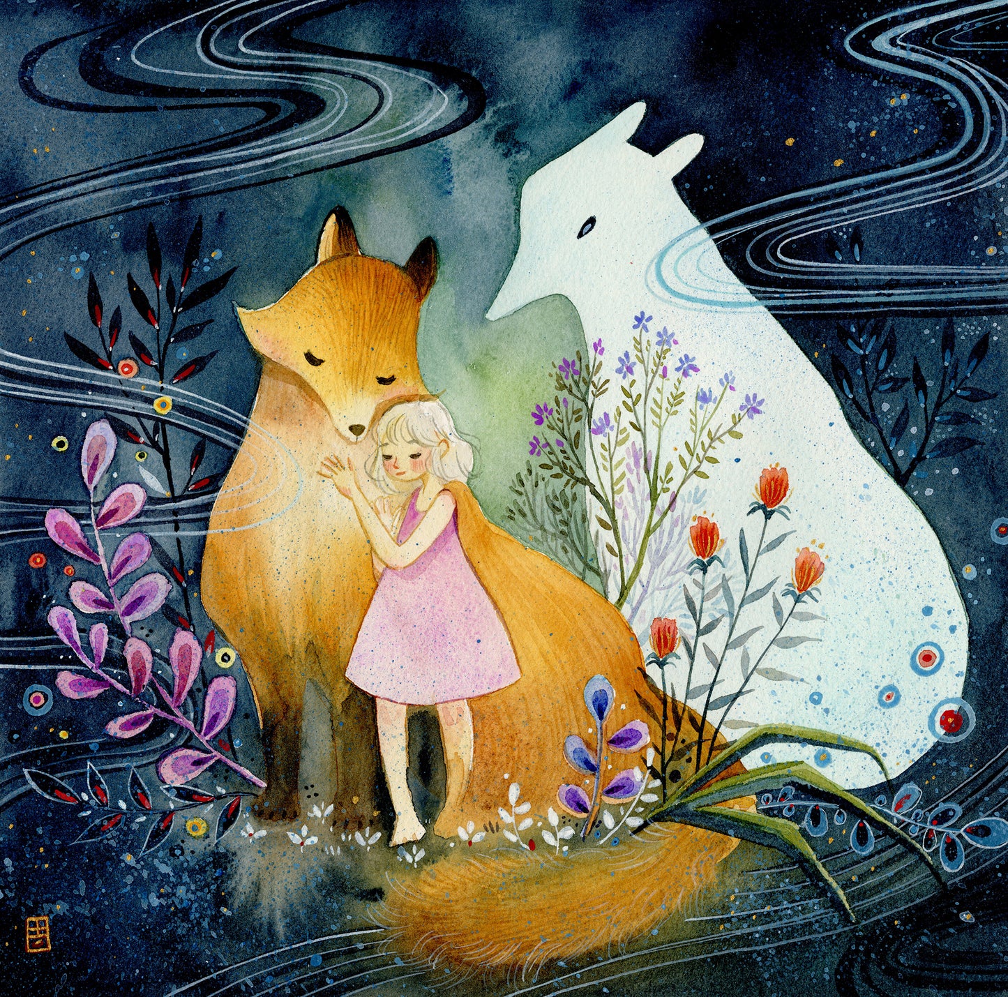 Girl and Foxes with Wild Flowers Art