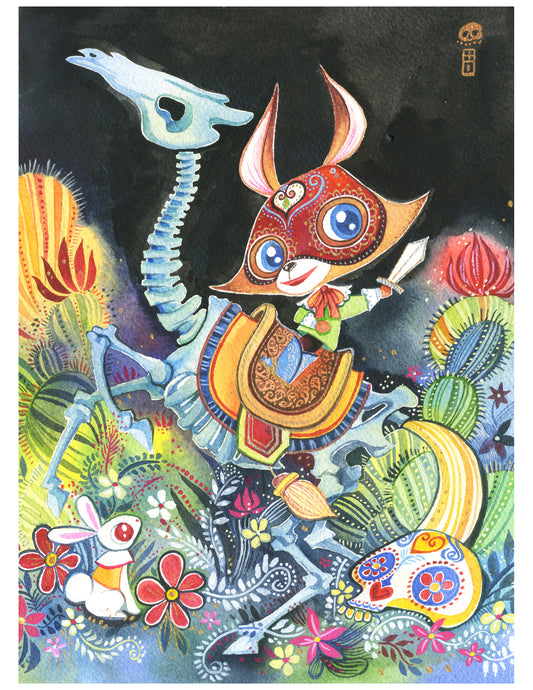 Fox and A Horse Skeleton with Día de los Muertos Decoration Art