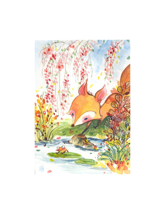 Little Fox and Frog in Spring Whimsical Art