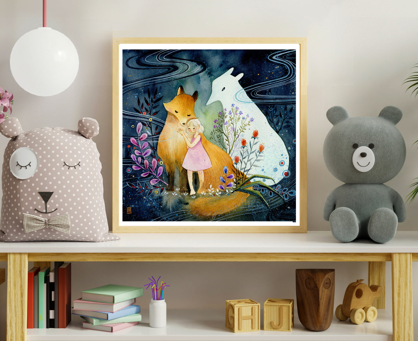 Girl and Foxes with Wild Flowers Art