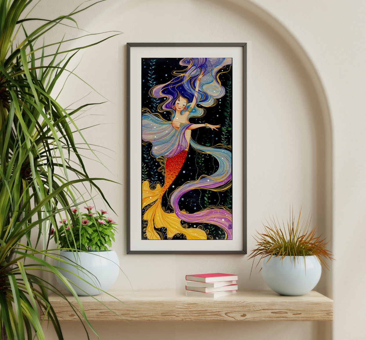 Beautiful Mermaid Dance Watercolor on Wood Art