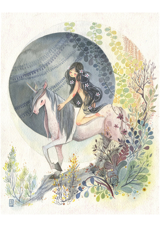 Monoceros - A Nymph and a Unicorn in Meadow