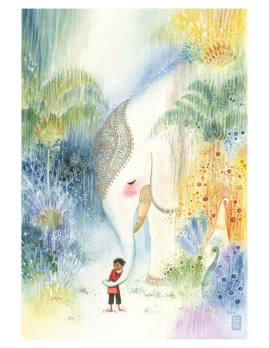 An Elephant and a Boy in Summer Rain Whimsical Art