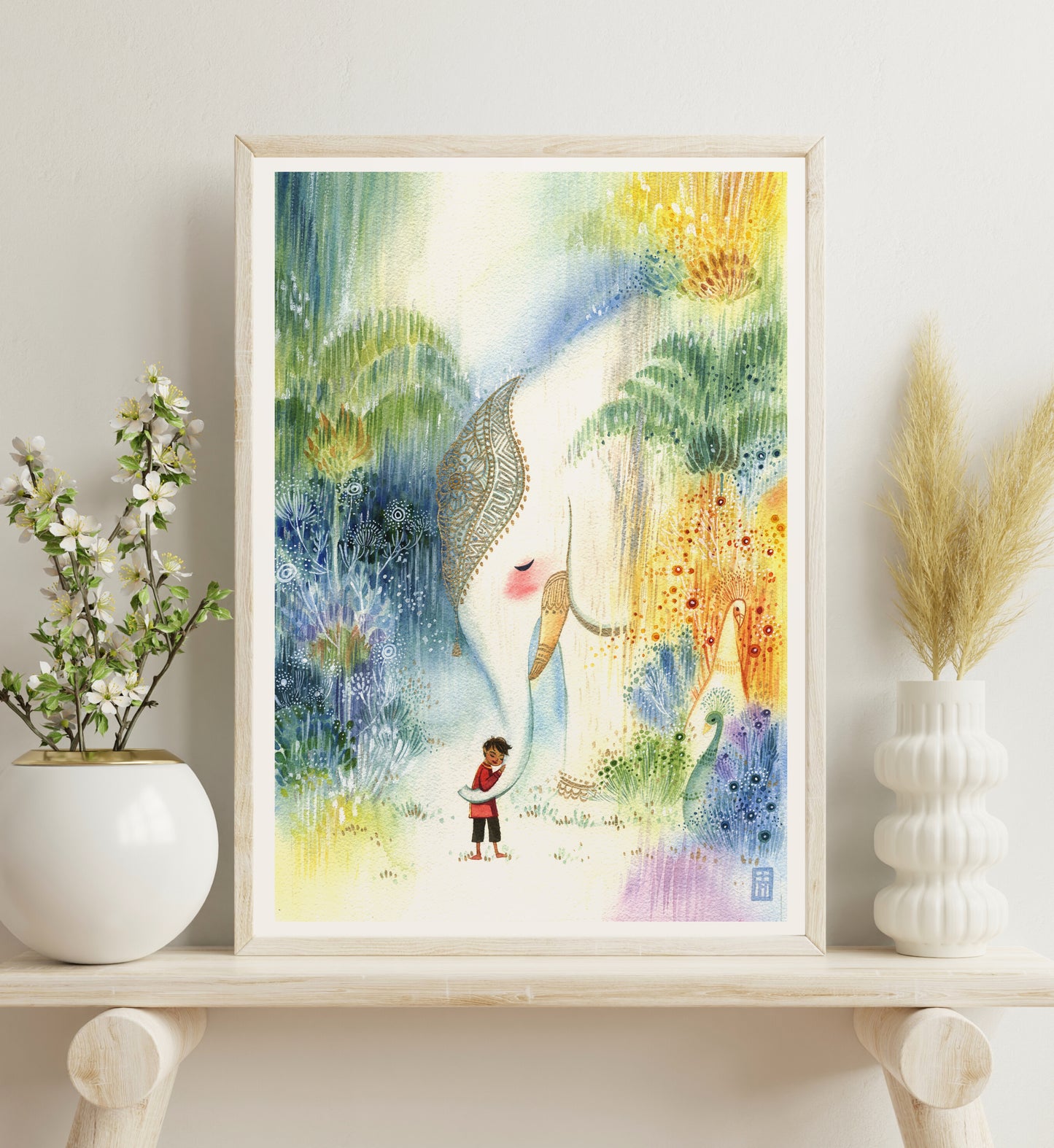 An Elephant and a Boy in Summer Rain Whimsical Art