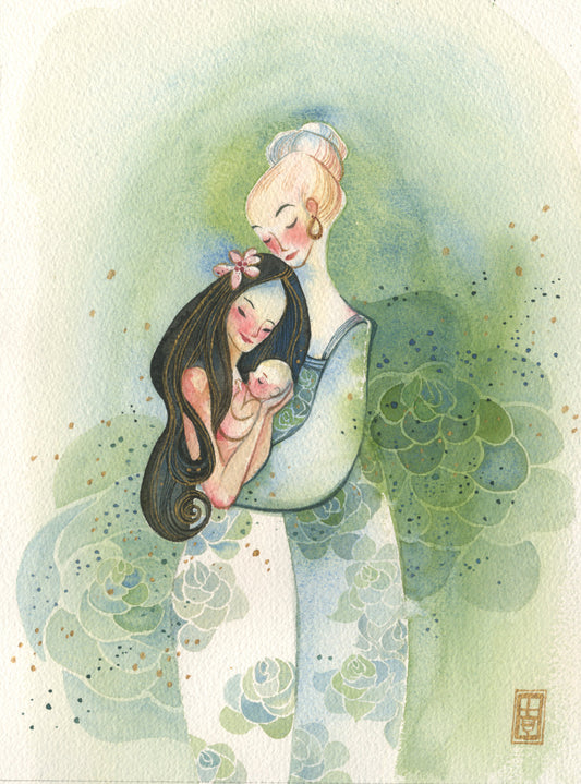 Mothers and Daughters with Floral Design Watercolor Art