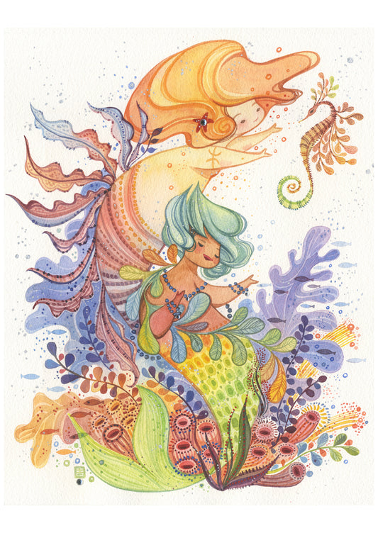 Pisces - Cute Mermaids and Seahorse Art