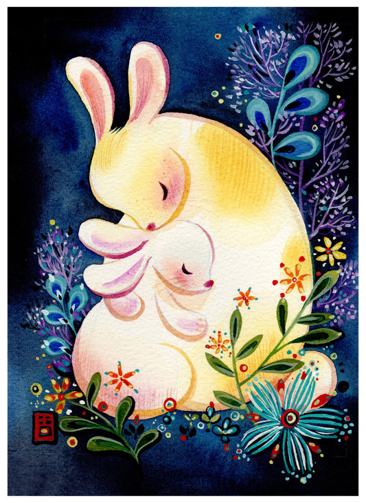 Cute Rabbits Hugging Watercolor Art