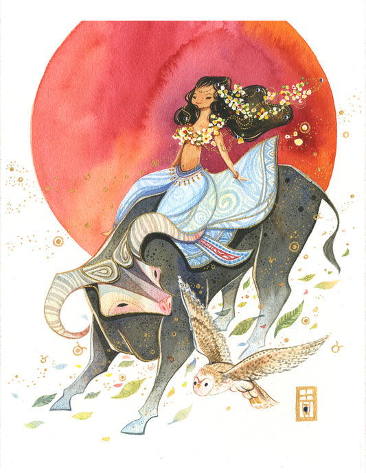 Tarus - A girl Riding a Bull Against A Background of A Red Sun