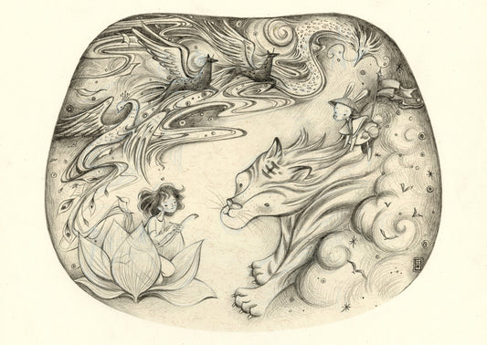 A Girl and A Magical Tiger Fantasy Drawing