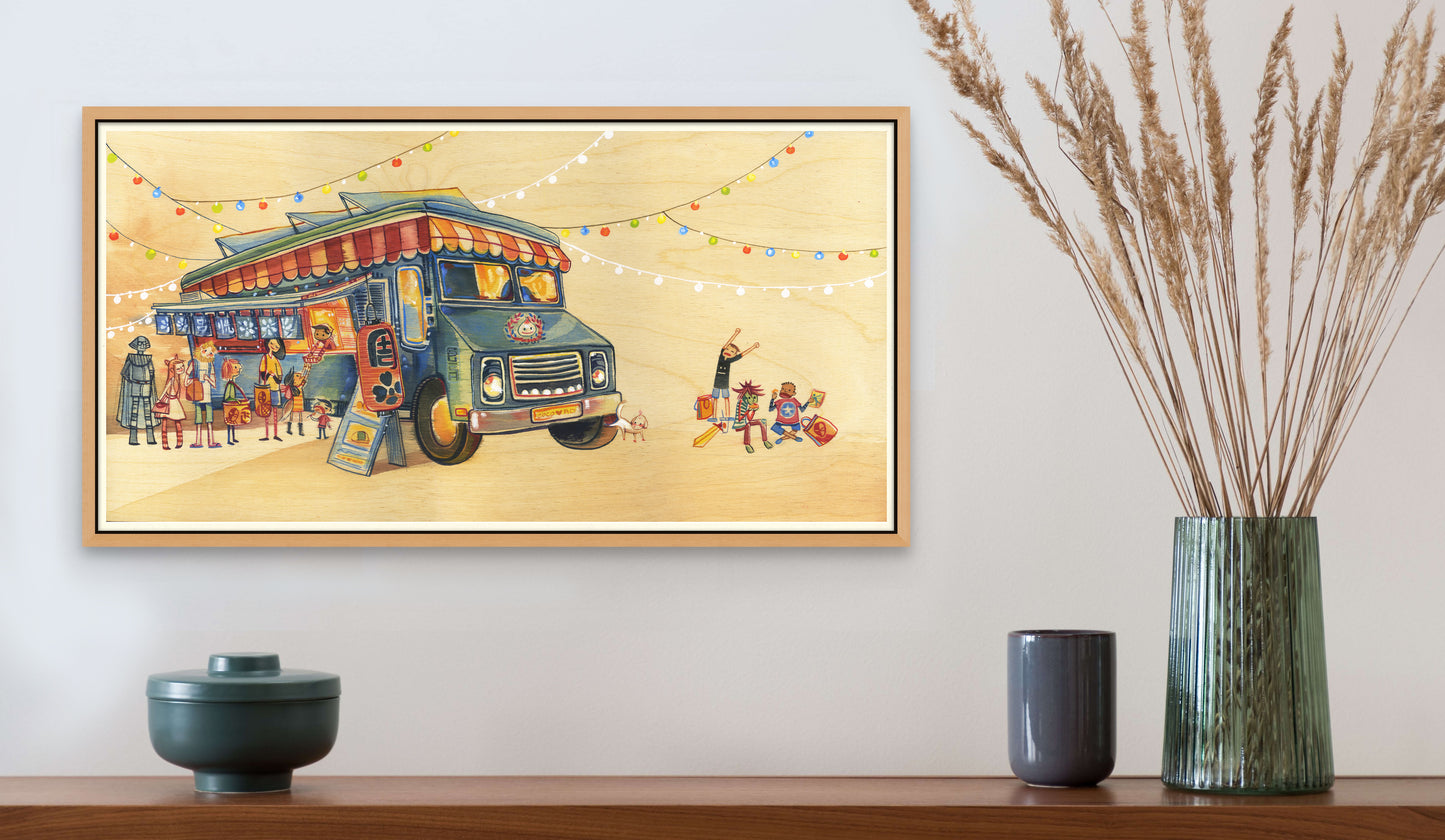Cute Food Truck and Cosplayers Watercolor on Wood Painting